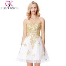 Грейс Карин без бретелек Золотой аппликацией белые бисером тюль платье для коктейля GK000138-1